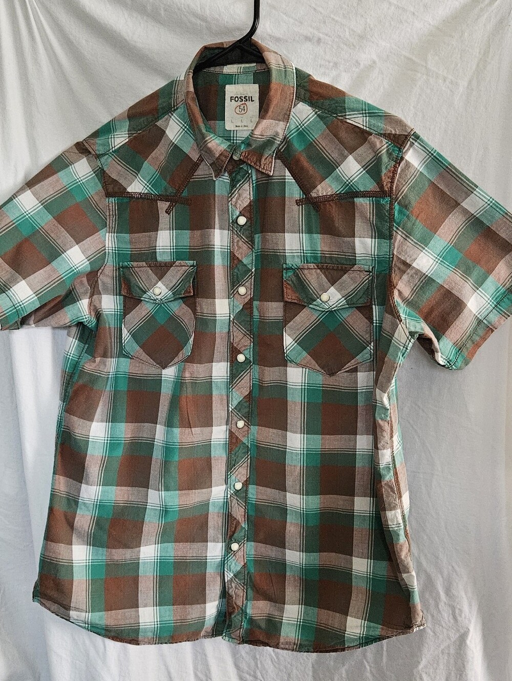 Fossil Men's Teal and Brown Plaid Short-Sleeve Button-Down Shirt